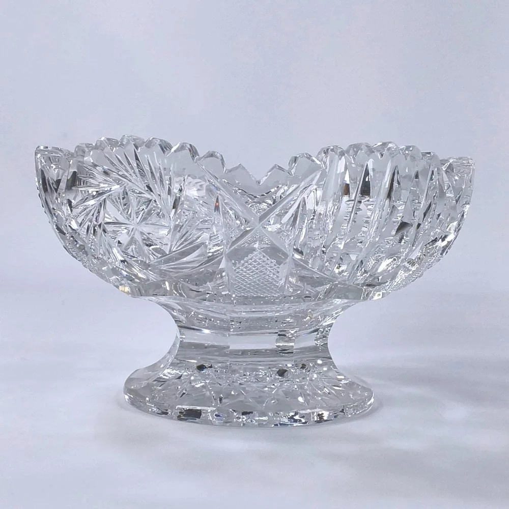 Vtg American Cut Glass Pedestal Bowl Pinwheel Starburst Sawtooth Footed Crystal